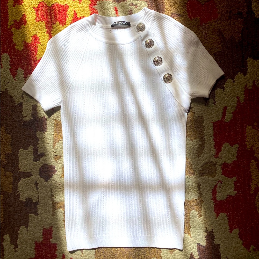 Balmain White Ribbed Top with Gold Buttons